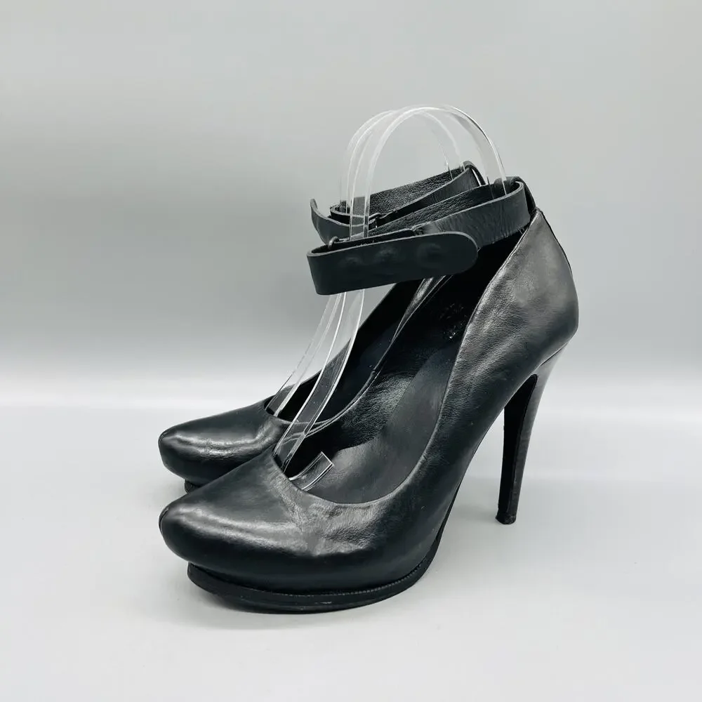 AllSaints Shoes Womens 7 Black Leather Ankle Strap Round Toe Stiletto Pumps